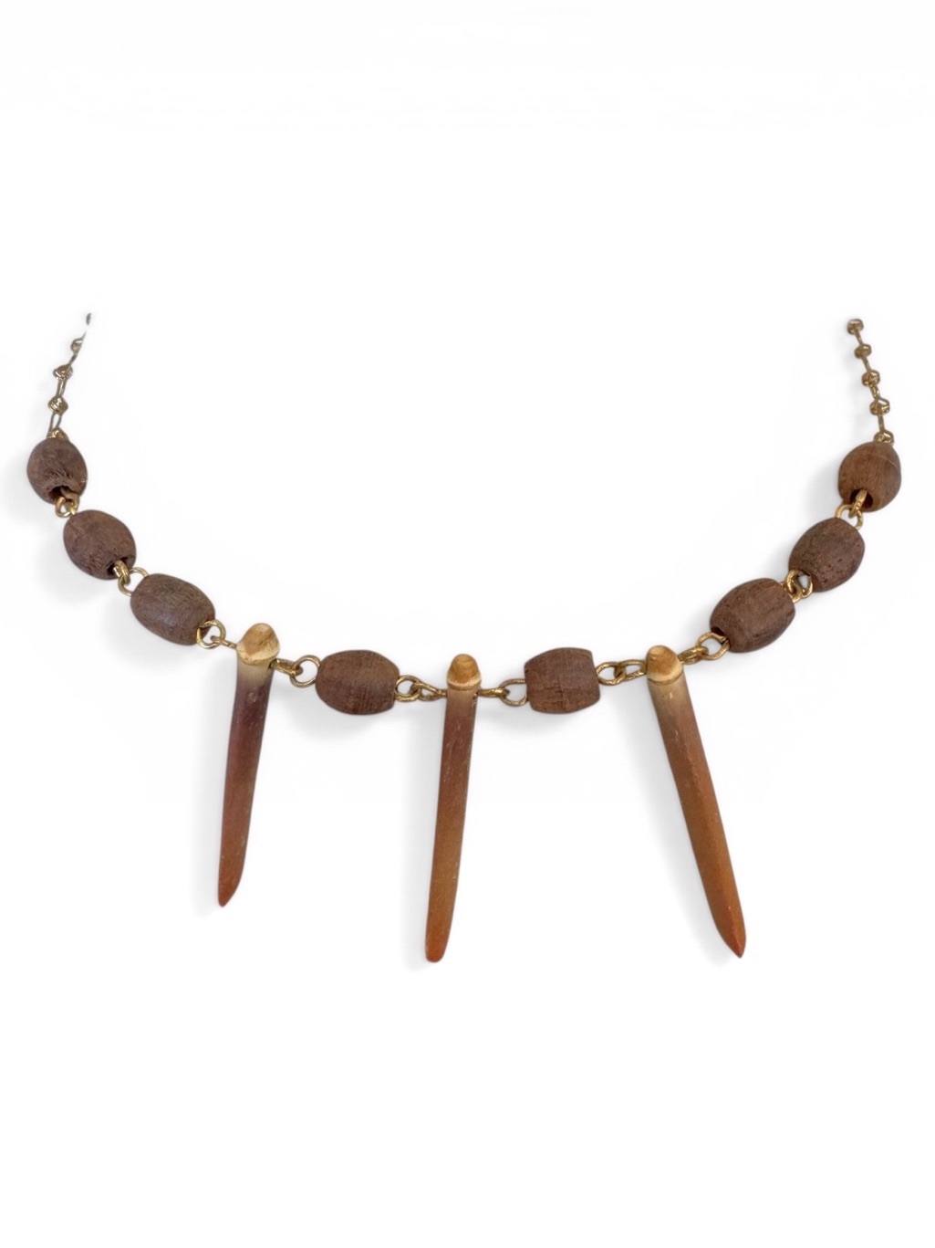 Vintage Sea Urchin Spikes Chain Necklace Natural Quills Brown Chunky Wood Beads
